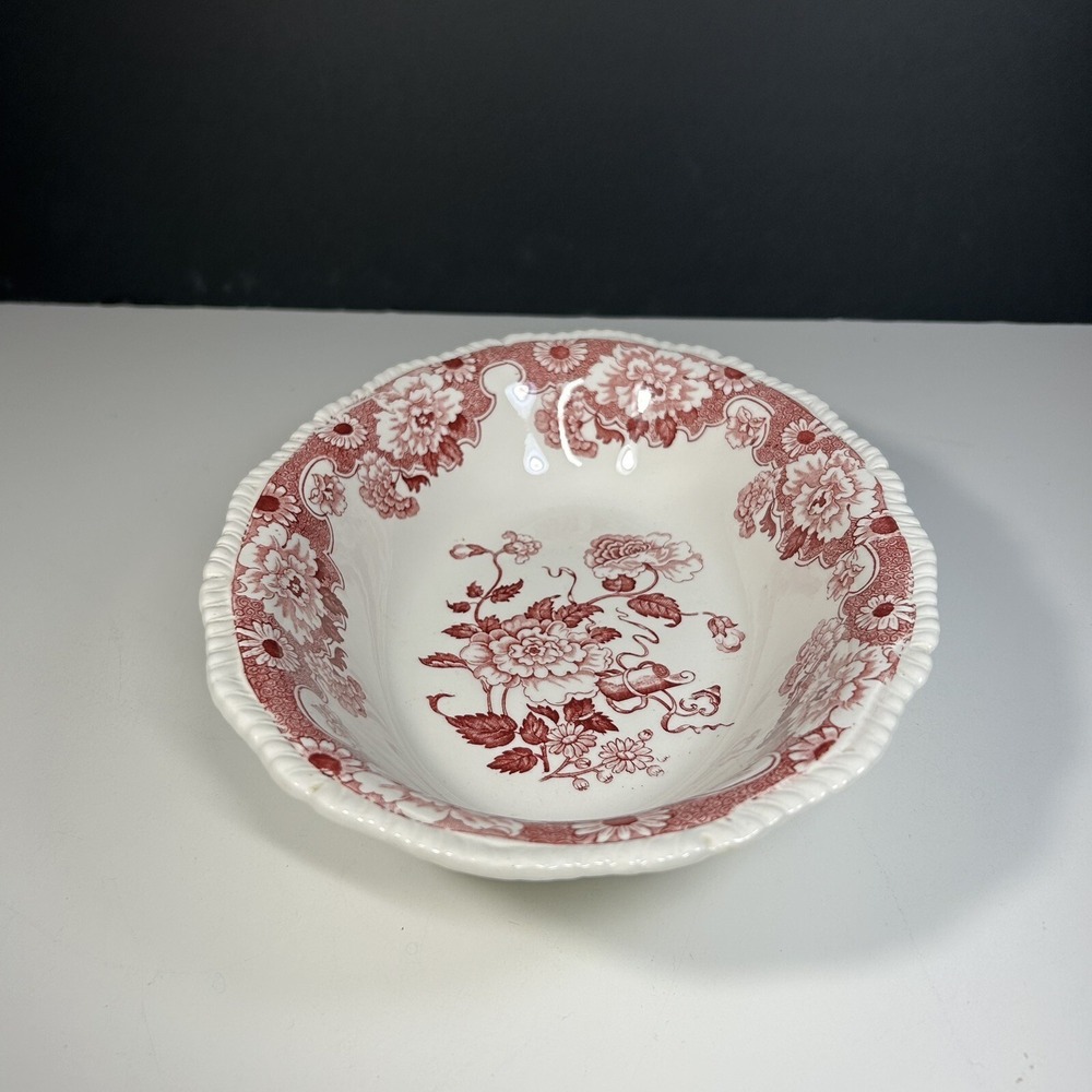 VINTAGE 10" OVAL VEGETABLE BOWL RED WHITE FLORAL  CAMBRIDGE WOOD & SONs 1900s